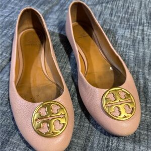 Tory Burch Pink Moon Leather Logo Ballet Flats